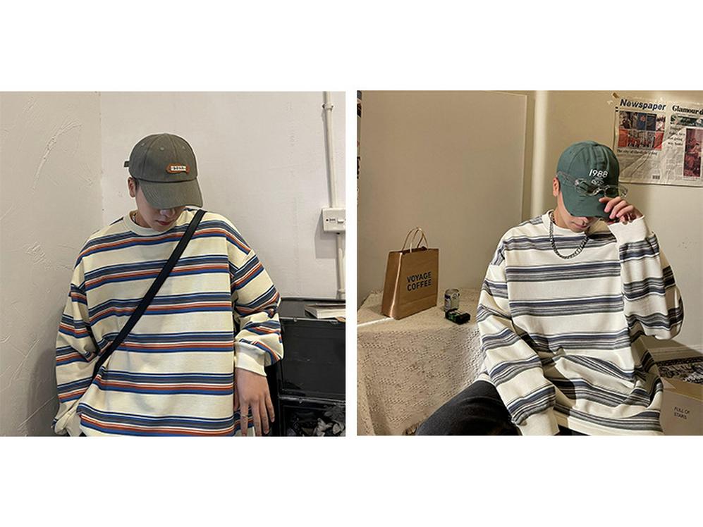 Мужской модный пуловер в полоску с цветными блоками - повседневная толстовка свободного кроя с круглым вырезом для весны и осени.