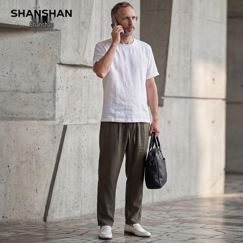 SHANSHAN Men's 100% Linen Breathable Short Sleeve T-Shirt & Shorts Set