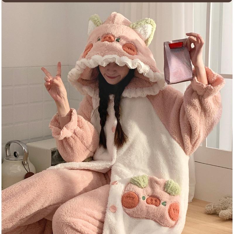 Милый комбинезон с капюшоном и животными, пушистый пижамный комплект, женский зимний фланелевый комбинезон, халат, ночная рубашка, розовая ночная рубашка с героями мультфильмов, домашняя одежда, подарок для пары