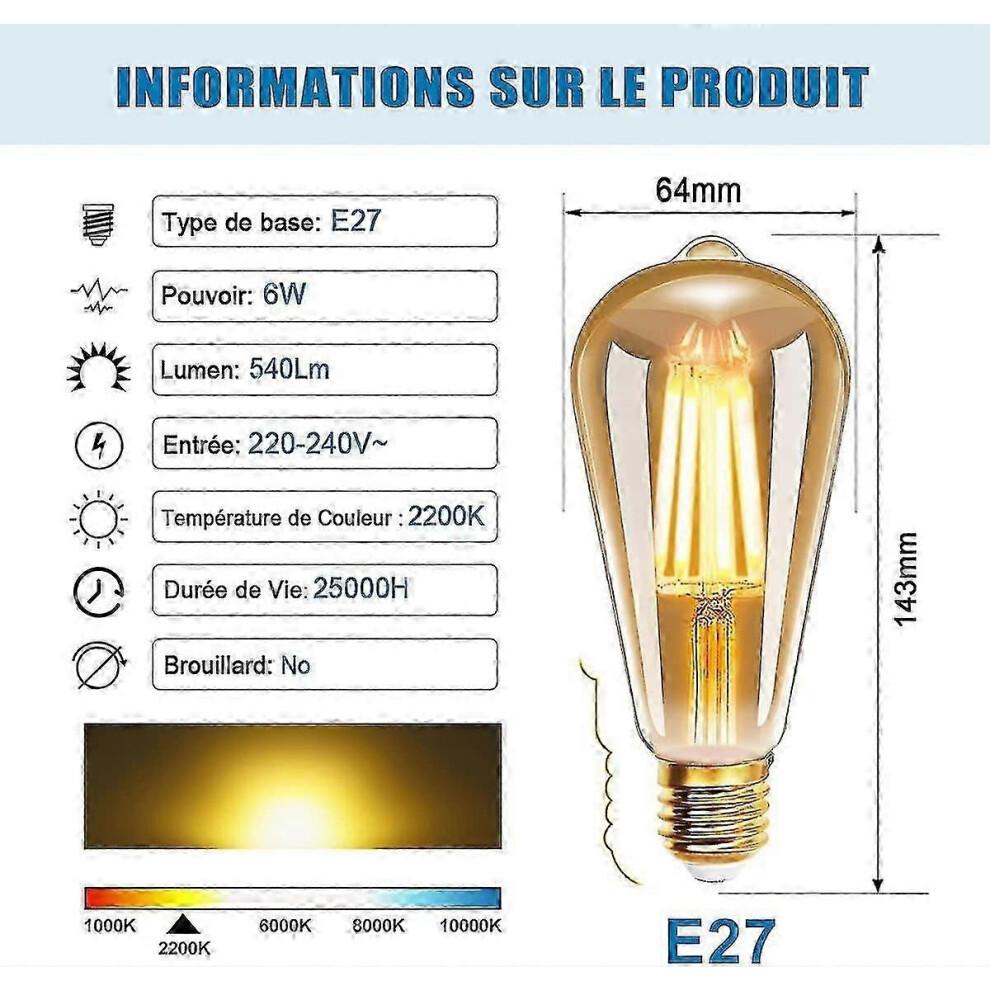 6 Pack E27 St64 Filament Led Bulb 6w 2200k Warm Yellow Vintage Edison Vintage Antique 540lm Equivalent To 48w Incandescent Bulb