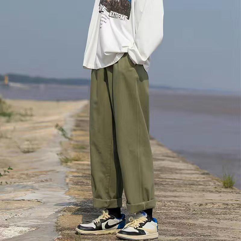 Мужские осенние свободные прямые брюки в гонконгском стиле - однотонная повседневная одежда