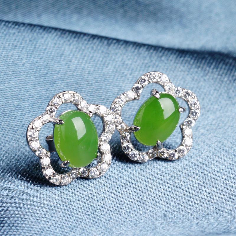 Серьги из стерлингового серебра 925 пробы с нефритом Хэтянь и жадеитом в форме цветка сливы с сертификатом - Древнекитайский стиль