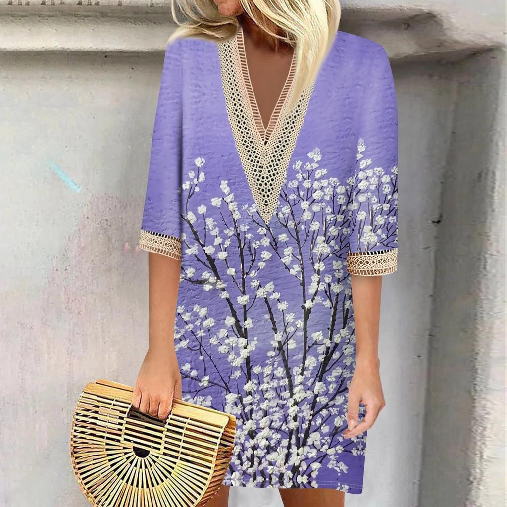 Летние платья для женщин, модное повседневное свободное кружевное платье с V-образным вырезом и рукавами 3/4 с принтом