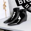 Woman Black Patent Leather Ankle Boots Vintage Point Head Internal Height Increasing Short Boots 2024 Winter Warm Knight Boots