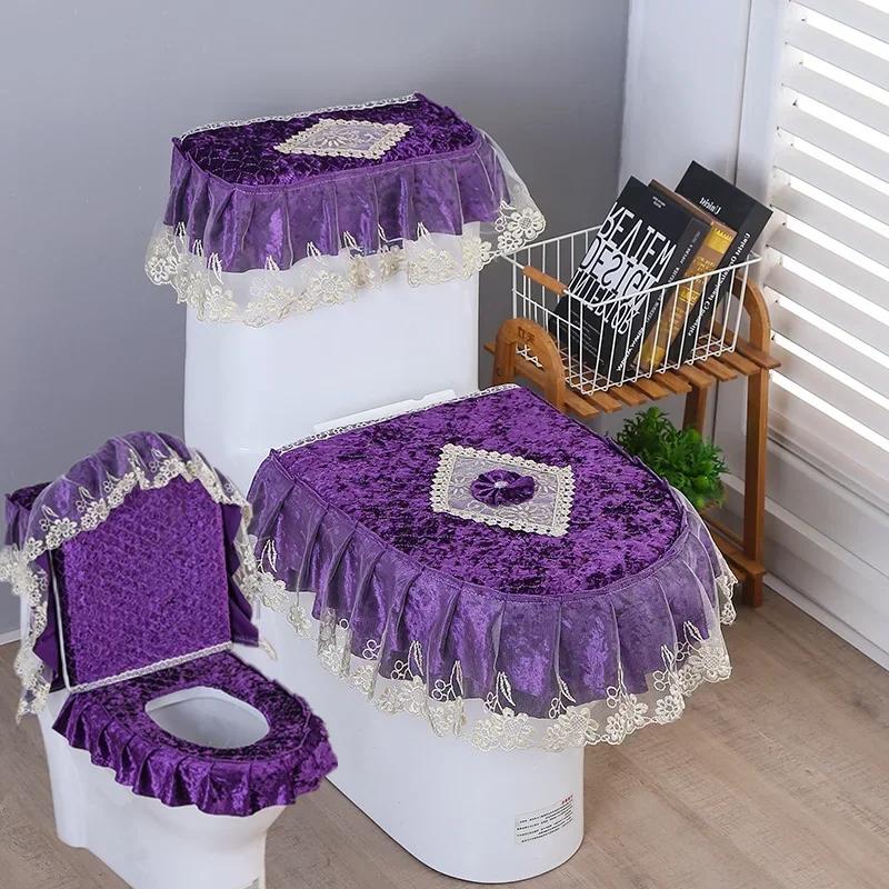 Вышитый край кружевной коврик для унитаза из 3 частей осенне-зимний бархатный чехол для унитаза U-образная молния сиденье для унитаза юбка стиль подол