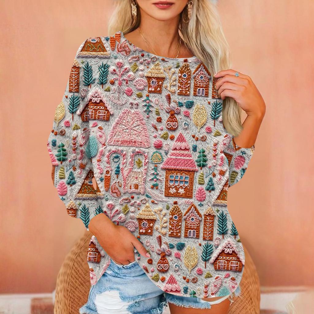 Women's T Shirt Flannel Print Tunic Long Sleeve Party Round Neck Tops