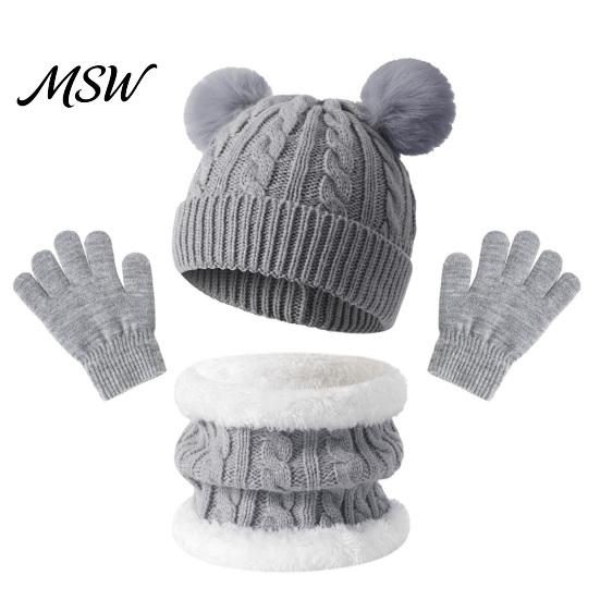 Thermal Fleece Lined Winter Accessories Kids Warm Knit Set, Bear Ear Hat, Neck Gaiter & Thickened Warmth Set for Autumn Full Finger Gloves, Thick Cold