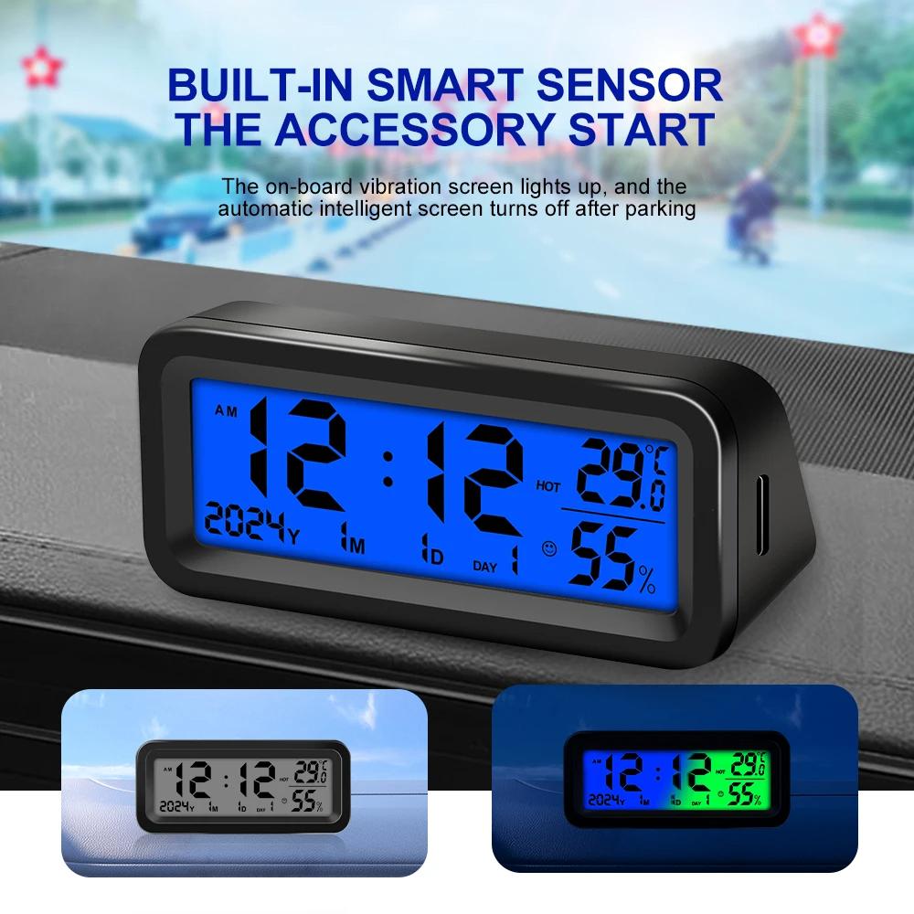 Solar Powered Car Clock Thermometer with Dual Power - Digital Temperature Humidity Monitor with Auto Brightness LCD Display, -20°C To 70°C