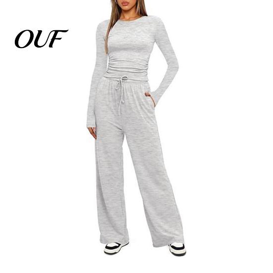 Women Matching Sets Top Pants Set for Spring Fall, Slim Fit Crewneck Sweatshirt, Casual Lounge Elastic Waist Loose Wide Leg Pants, Solid Color 2-Piece