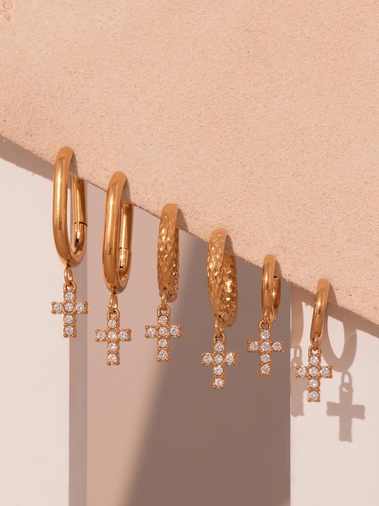 Серьги-крестики из нержавеющей стали с покрытием из 18-каратного золота и цирконами – Минималистичный роскошный стиль