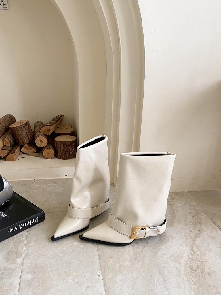 2025 New European and American Style Belt Buckle Wide Tube Pointed Thin Heel Short Boots