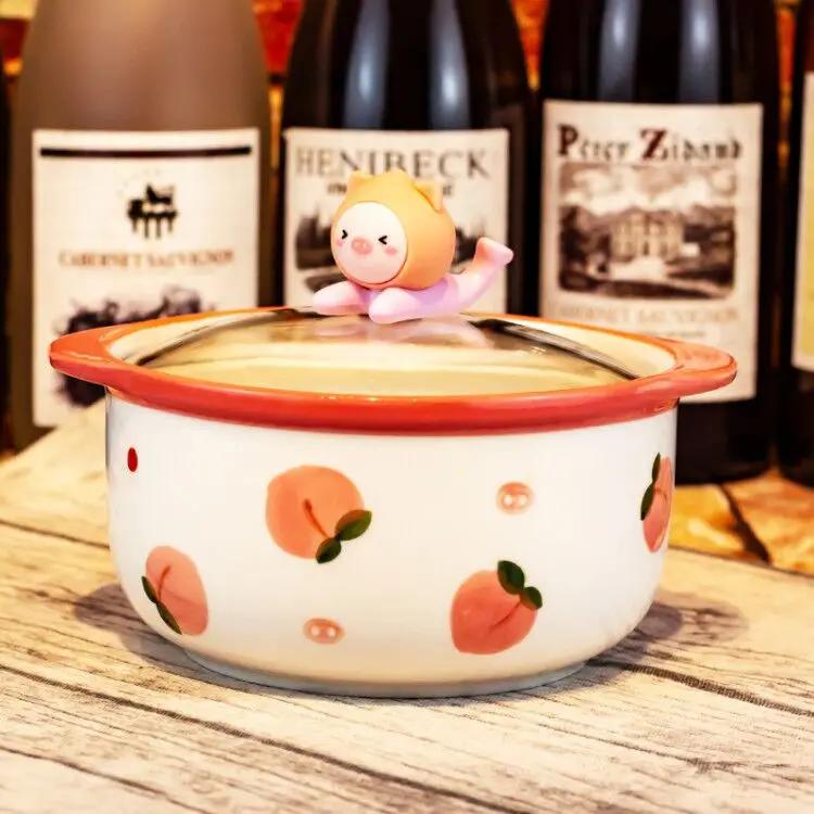 Кавайная керамическая миска для рамэна с клубникой, персиком и крышкой, милая кухонная большая лапша быстрого приготовления, фруктовый салат, рисовый суп, миска, посуда