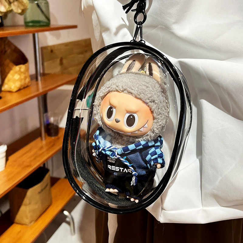 Прозрачный защитный кейс-органайзер для кукол Лабубу 15-17 см, сумка для демонстрации на улице с брелоком, аксессуары для кукол