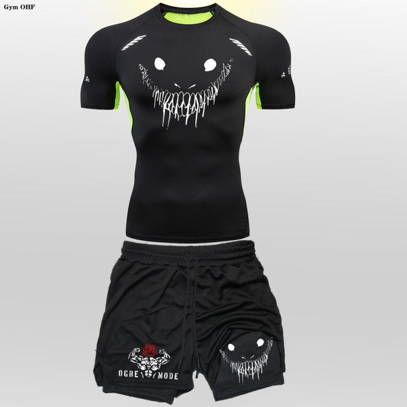 Mens Athletic 2-Piece Set: Quick-Dry Compression T-Shirt Shorts With Graphic Print Running Training Gym