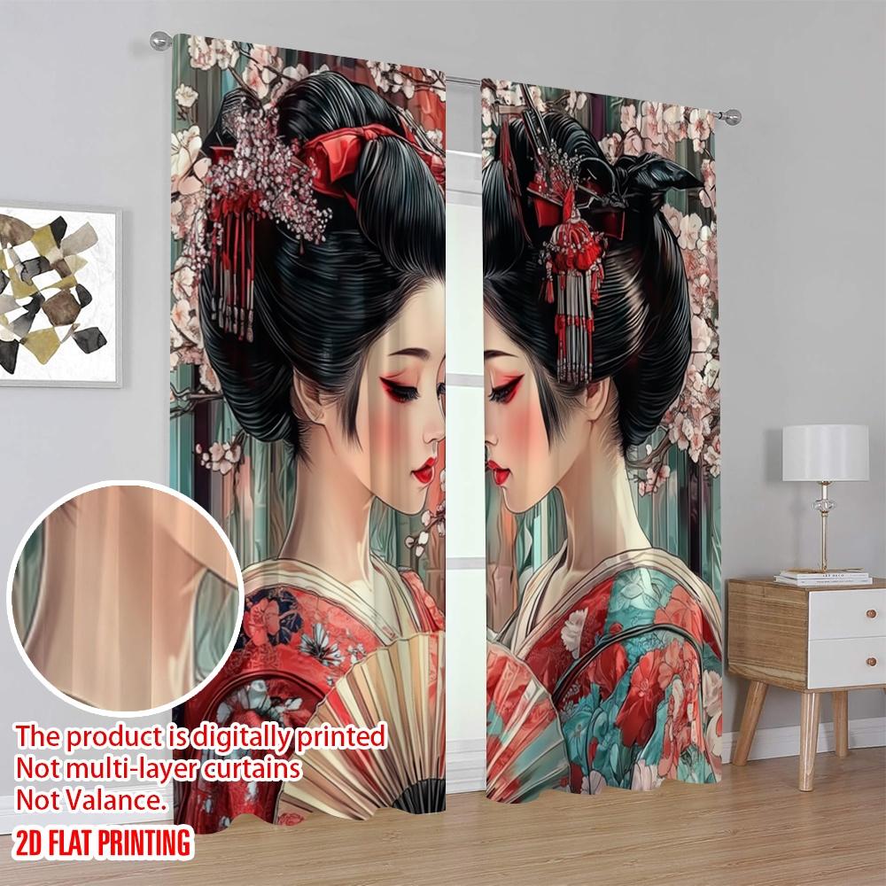 2 шт., шторы с рисунком плоской 2D-печати, Гейша-близнецы, прочный полиэстер (без стержня) Праздничный для разных комнат, Современный