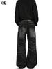 Unisex Retro Black Straight-Leg Whisker-Wash Jeans with Clean Fit and Slight Flare