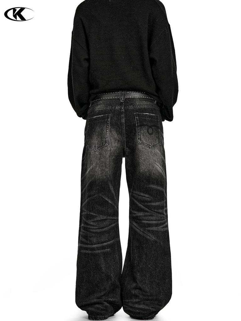 Unisex Retro Black Straight-Leg Whisker-Wash Jeans with Clean Fit and Slight Flare