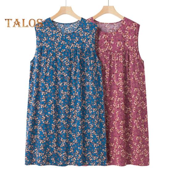 Женская свободная ночная рубашка без рукавов, повседневная сорочка, плиссированное платье для сна, летняя домашняя одежда с круглым вырезом и принтом