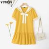 Summer Women Naval Collar Bow Knot Ruffled Hem College Style Shirts Dress