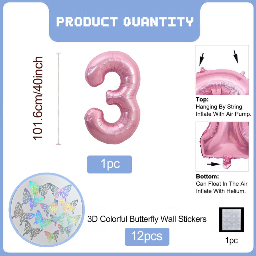 Pink Butterfly Number Balloon, 3D Stereoscopic Butterfly Number 0-9 Used for Anniversary Birthday Party Photography