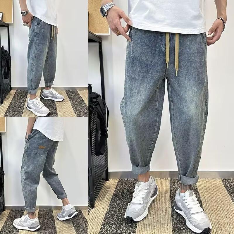Мужские свободные прямые джинсы весна/осень 2024, модные повседневные брюки-шаровары длиной девять точек