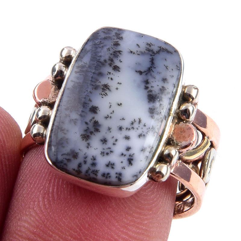 Natural Dendrite Opal Gemstone 925 Sterling Silver Two Tone Ring Size 7.5 o6O16