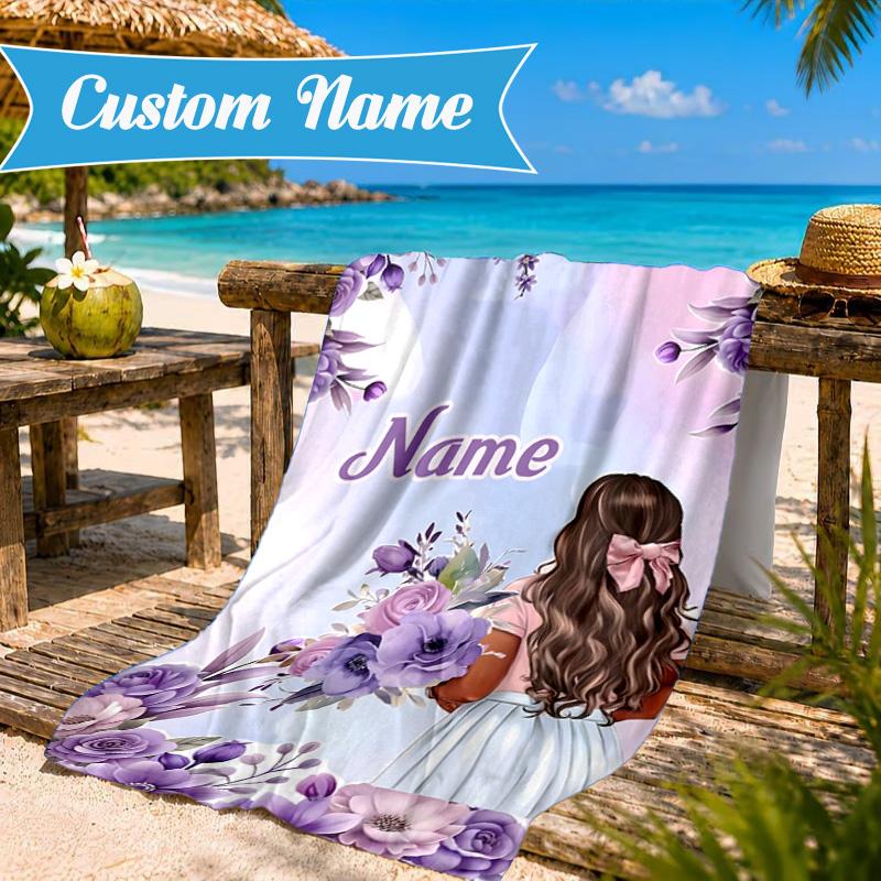 Custom Name Floral Princess Beach Towel Microfiber Beach Towel, Lightweight and Quick-Dry, for Summer Travel, Swimming Pool Gift