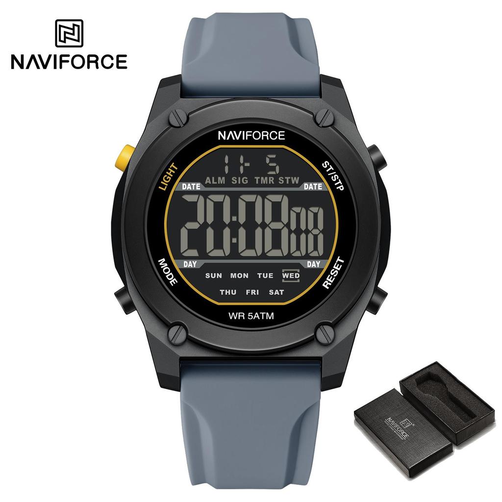Naviforce Оригинальные мужские цифровые часы с ЖК-дисплеем, дата, календарь, секундомер, будильник, силиконовый ремешок, ночной узор, водонепроницаемые мужские часы NF7134