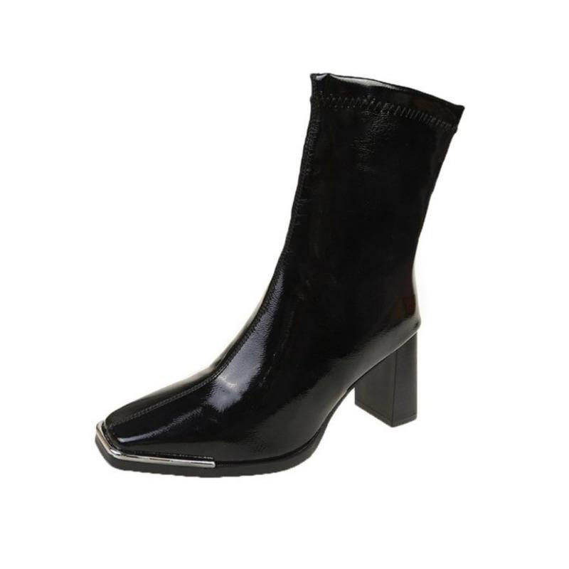 Мода 2024 года, новые женские сапоги до середины голени, модные туфли карамельного цвета на молнии в готическом стиле, лакированные длинные сапоги, роскошные дизайнерские туфли на высоком каблуке