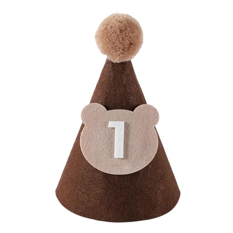 Brown Coffee Bear Baby Birthday Hat Shower Party Decoration Pom Pom Peaked Cap Adjustable Size for 1st 2nd 3rd Years Old