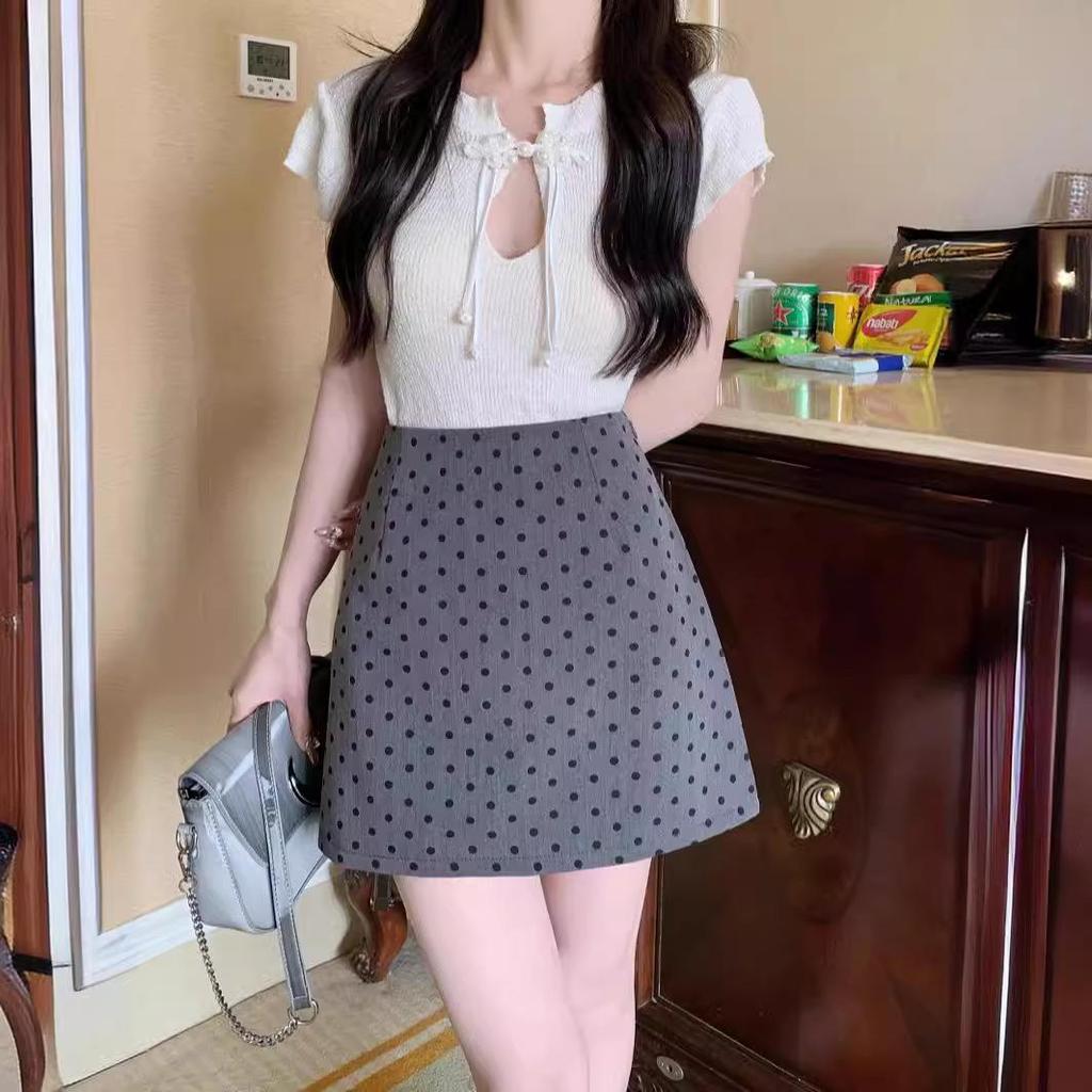 Женская юбка-трапеция большого размера в черный горошек, короткая - Универсальная, облегающая бедра, Подходит для миниатюрных, для весны/осени