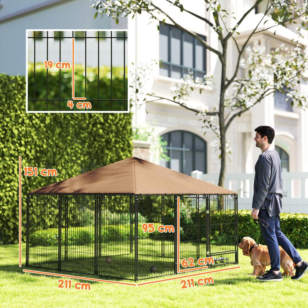 Metal and Oxford Fabric Dog Playpen with Bowl Door, 211x211x151 cm, Black and Brown