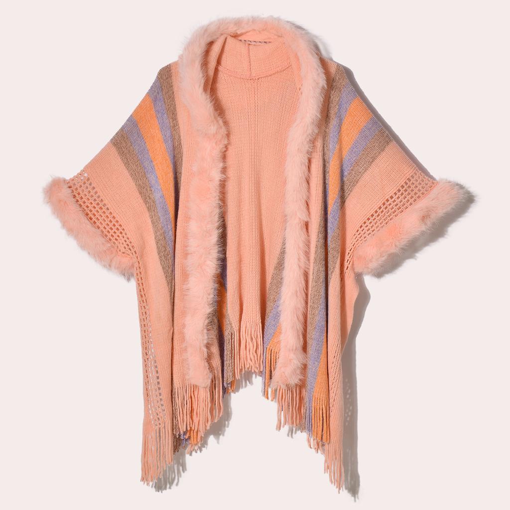 New Ethnic Style Fur Collar Hooded Knit Sweater Shawl Women's Spring and Autumn Knitted Cape Cape with Sleeves