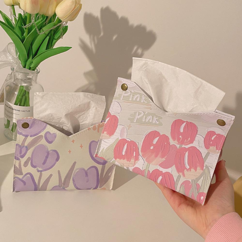 PU Tissue Box Tulip Print Household Tissue Box New Living Room Paper Drawer