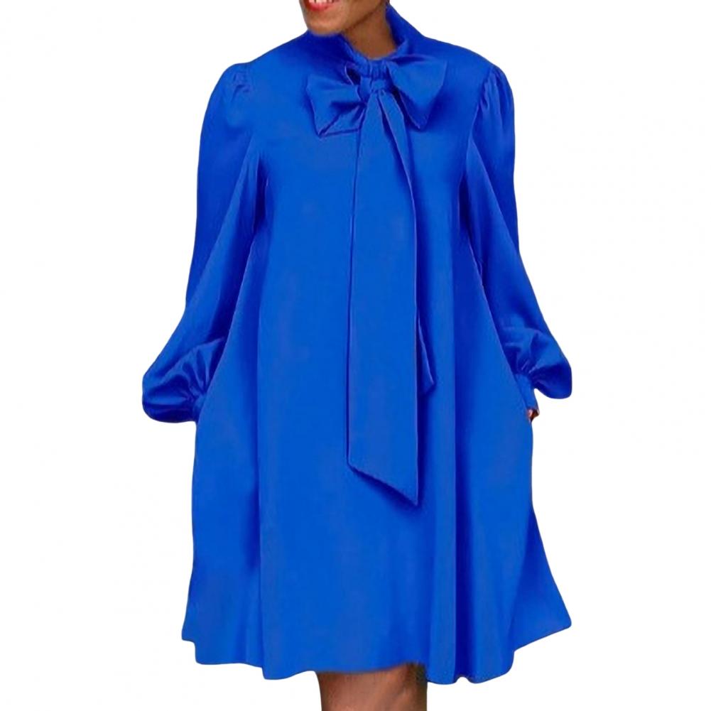 Женское платье свободного кроя Шнуровка Бант на шее Длинные рукава-фонарики Однотонное Длина до колена Формальное Для офиса Повседневное Миди-платье