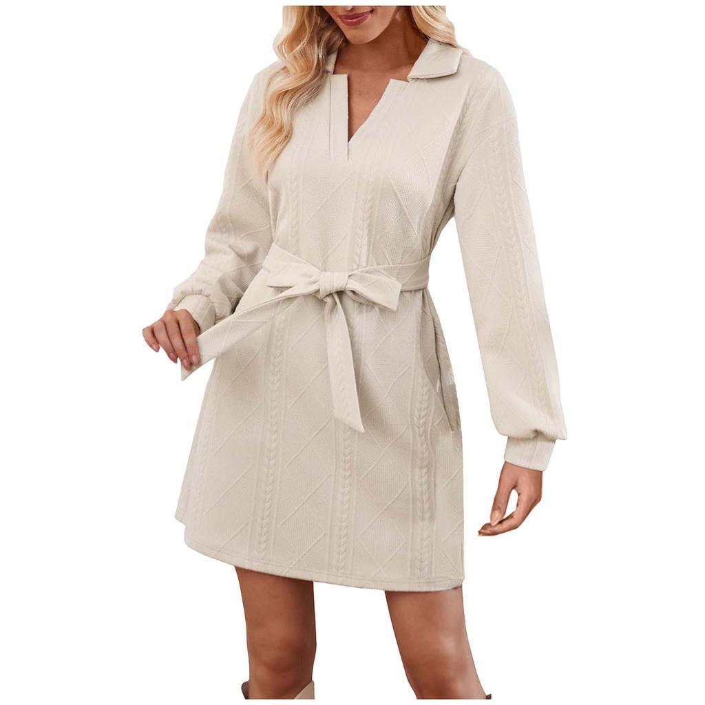 Женское осенне-зимнее модное однотонное платье с длинным рукавом и шнуровкой на талии