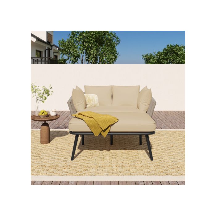 Canapé de jardin avec 2 coussins et 2 coussins de dossier, chaise longue d'extérieur, coussins déhoussables, couleur kaki