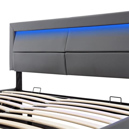 Upholstered Bed Large Storage Space LED Lighting Stable Frame Sturdy Double Construction with USB Ports Modern Wood Slatted Functional