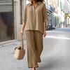 Women's Cotton Linen 2 Piece Set Casual Lapel V Neck Short Sleeve Top Wide Leg Pants Set Summer Loose Lounge Outfits
