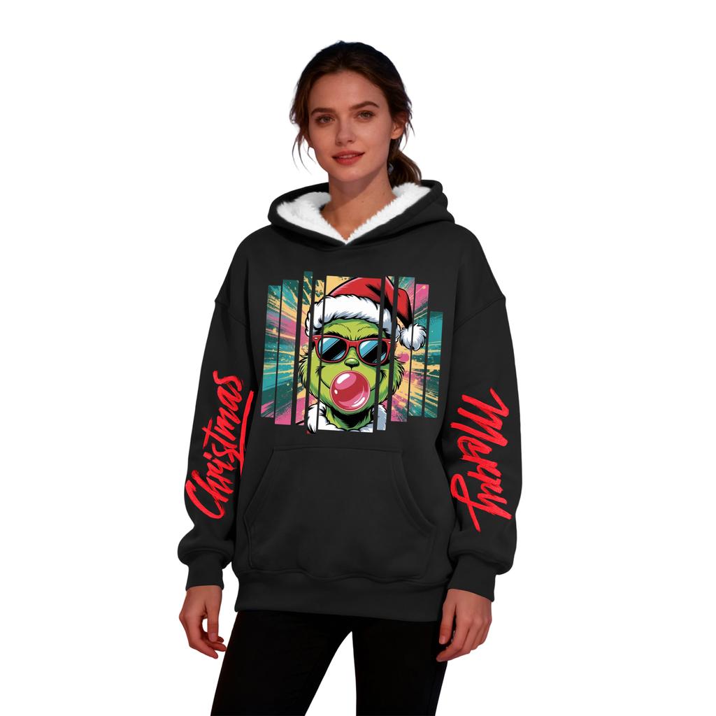Женская повседневная модная толстовка с капюшоном большого размера, утепленная флисом, с рождественским принтом