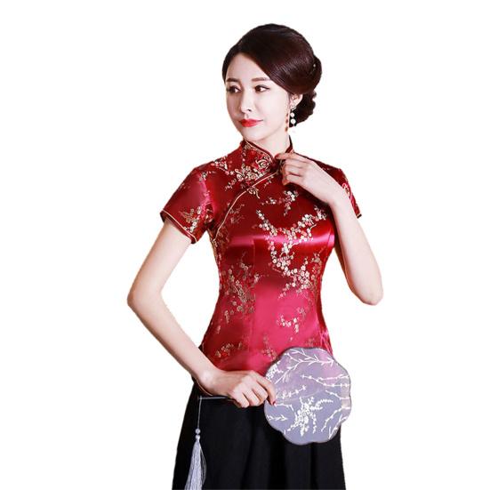 Женская рубашка Cheongsam в китайском стиле с принтом сливы, лето-осень, изысканный топ с пряжками и воротником-стойкой для свадьбы