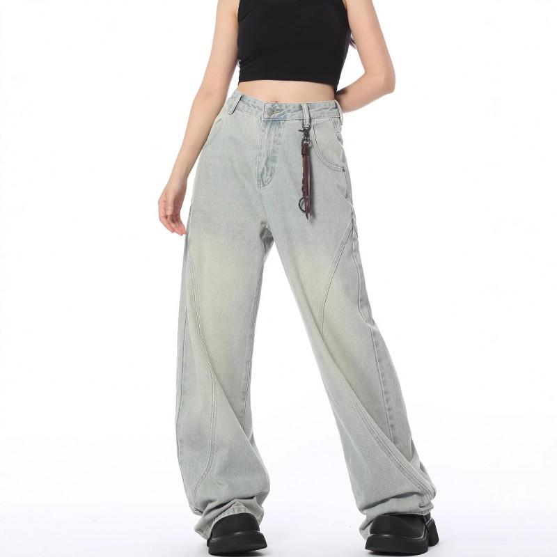 Men Women Streetwear Loose Fit Straight Leg Denim Pants High Waist Washed Blue Cotton Blend Casual Trousers