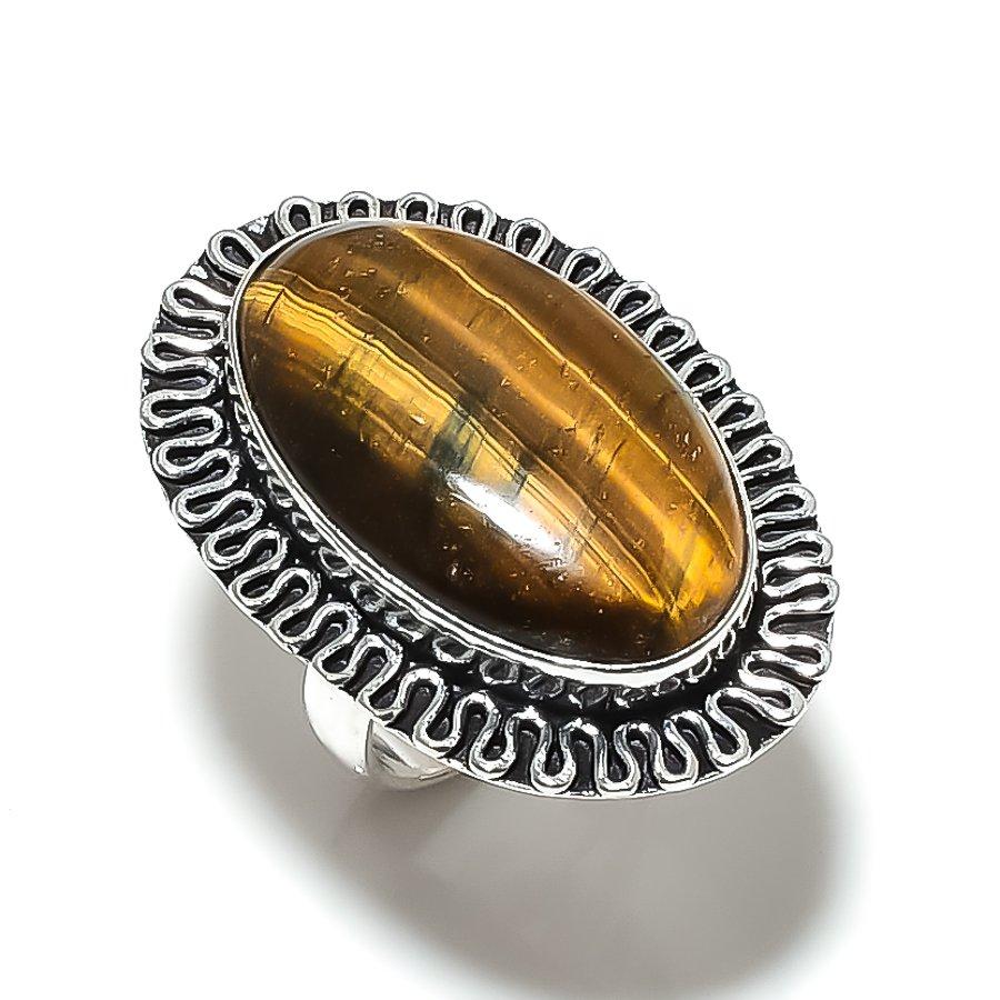 Подарочное кольцо из серебра 925 пробы с натуральным тигровым глазом, размер 7, v5M22