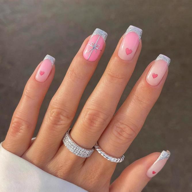 Nail Art Sweet Valentine'S Day Glitter French Pink Gradual Change Love Rectangular Wearing Nail Piece