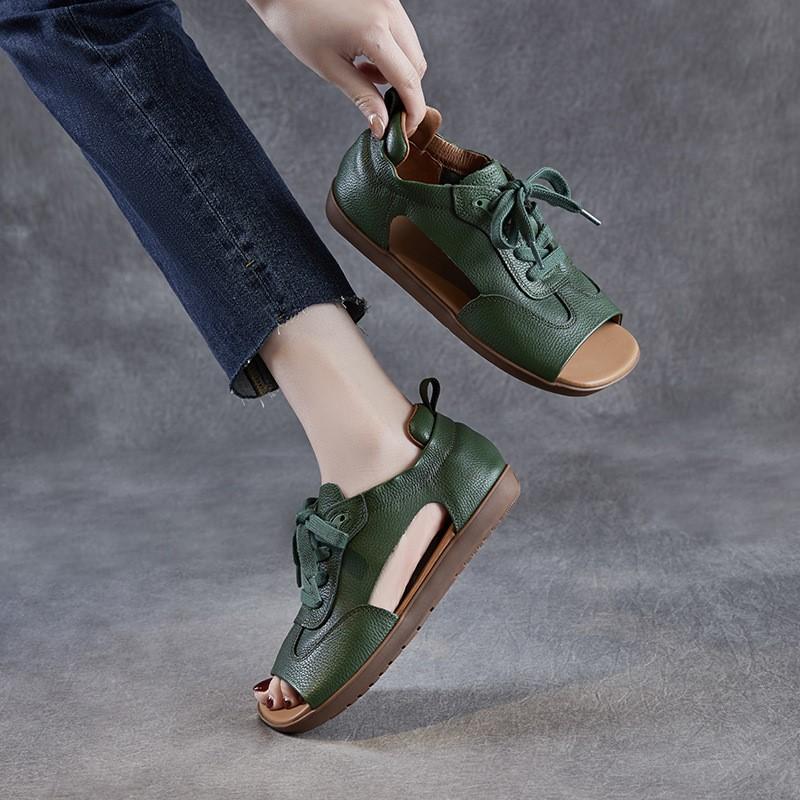 Johnature Сандалии из натуральной кожи с открытым носком, в стиле ретро, на плоской подошве, со шнуровкой, на мягкой подошве, женские туфли