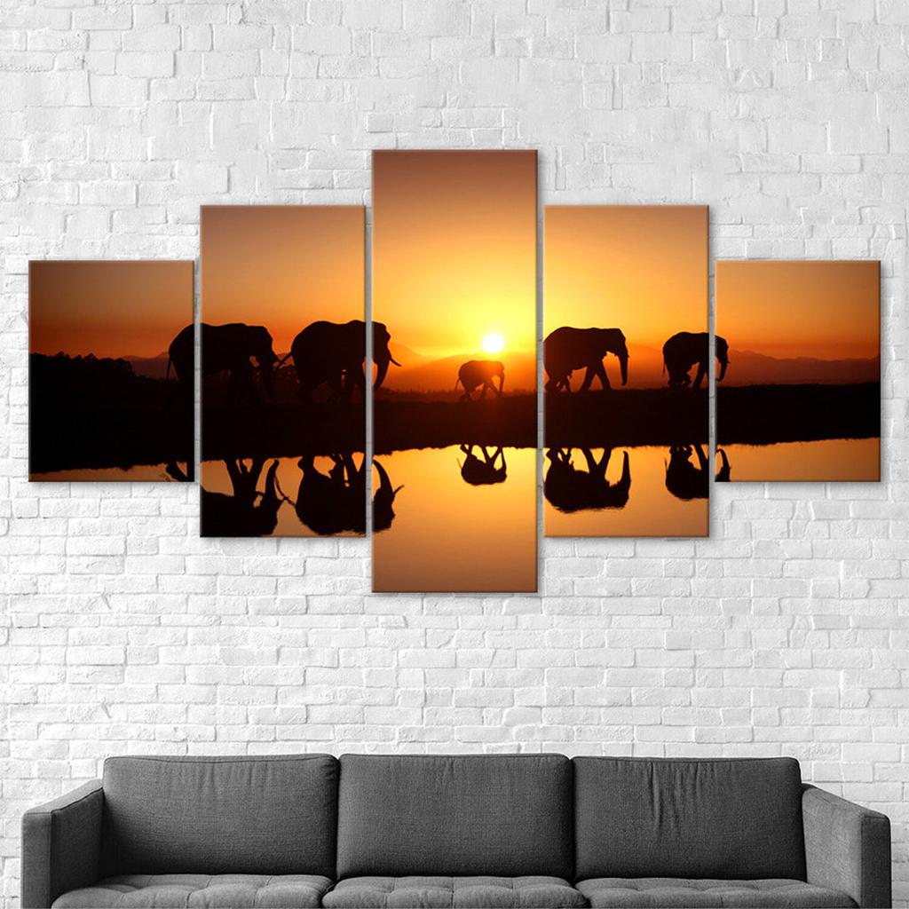 Elephant Group Sunset Silhouette Scene 5 Piece Five Panel Wall Canvas Print Modern Art Poster Picture Home Decor Gift For Him For Her