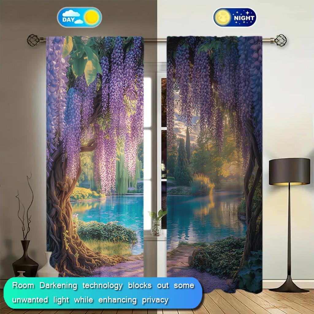 2pcs Painting of Wisteria Flowers Printed Curtain for Home Decor - Rod Pocket Window Treatment for Bedroom, Office, Kitchen
