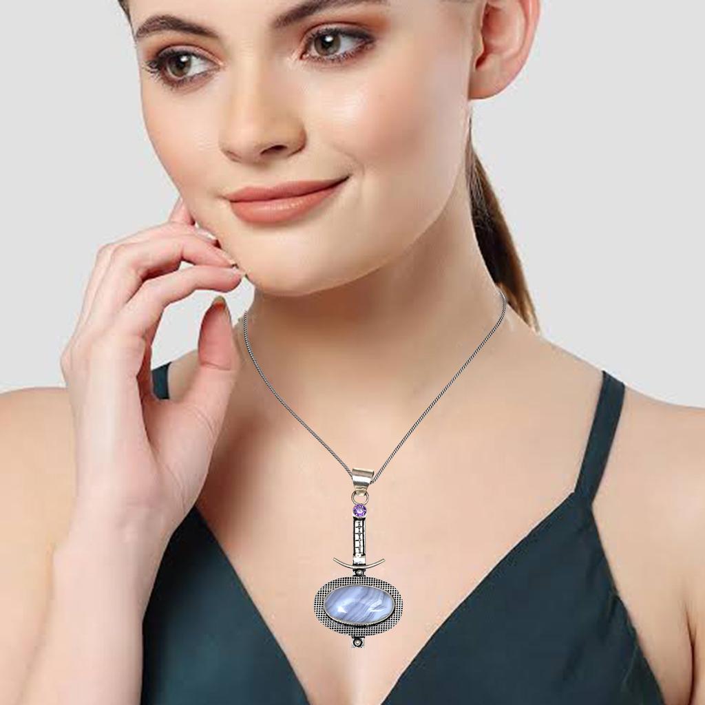 Голубой кружевной агат Аметист Драгоценный камень День матери Серебряное ювелирное изделие Кулон 2.5"