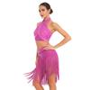 Womens Chacha Salsa Dance Outfit Halter Sleeveless Backless Shiny Ruched Crop Top Tiered Tassels Skirt Built In Shorts