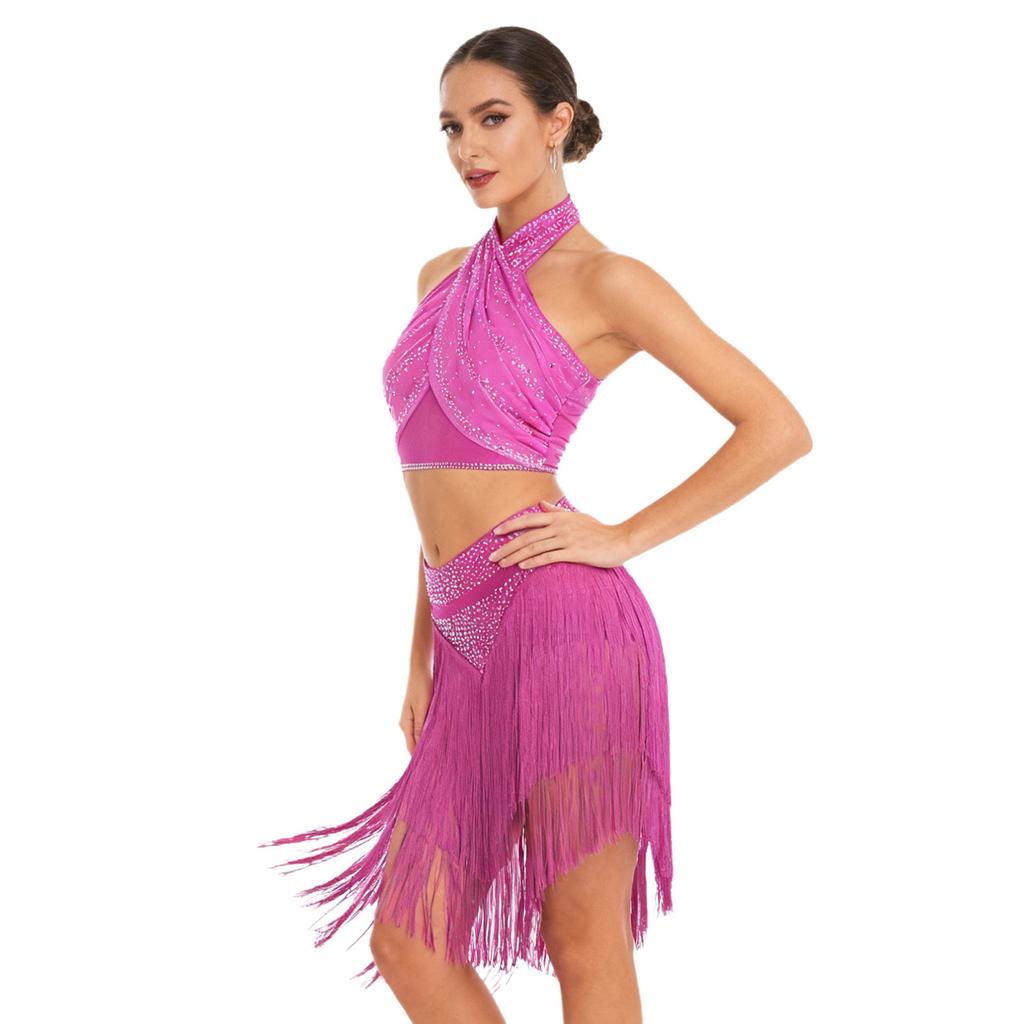 Womens Chacha Salsa Dance Outfit Halter Sleeveless Backless Shiny Ruched Crop Top Tiered Tassels Skirt Built In Shorts